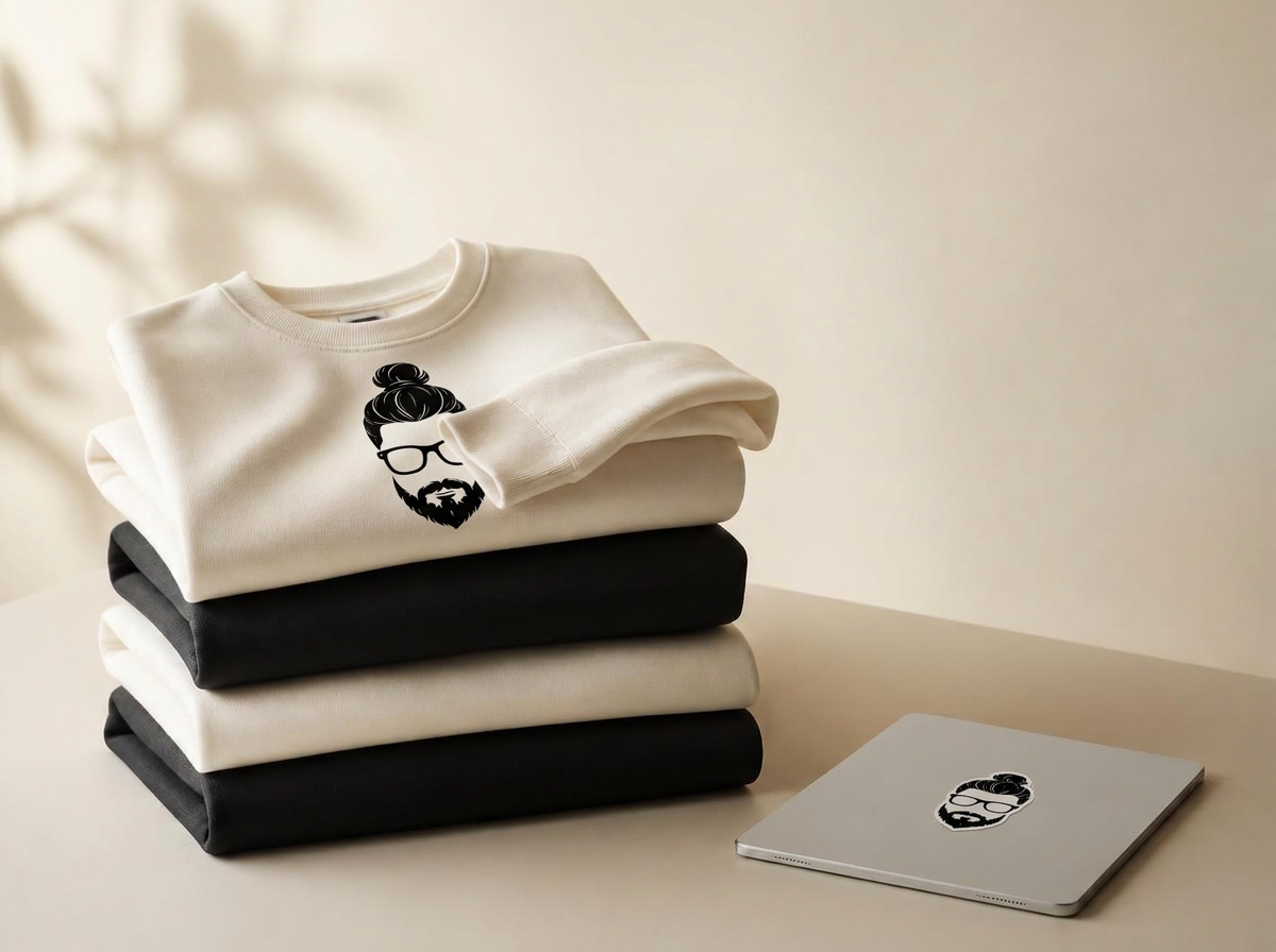 Stacked ivory and black sweatshirts decorated with the Mister Custom mark beside a tablet carrying a Mister Custom sticker