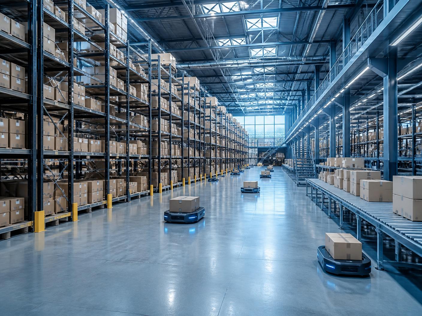 Warehouse aisles with organized inventory shelving and conveyor lines